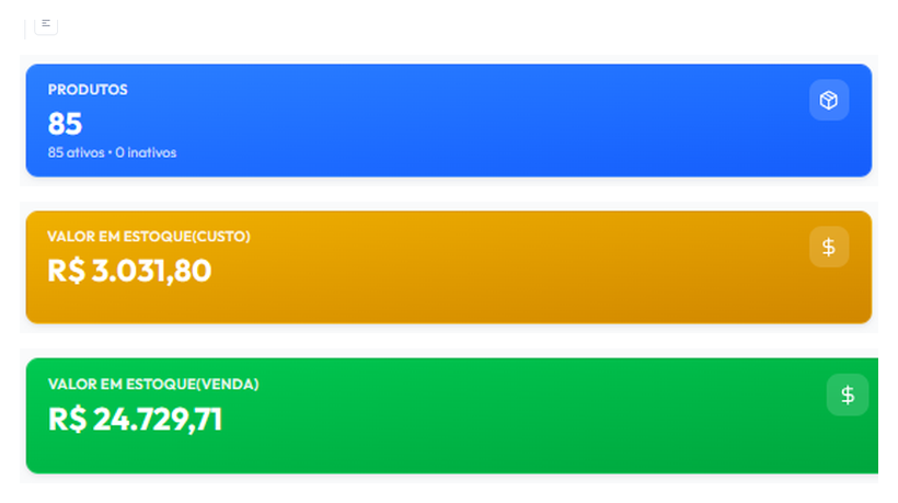 Tela real do Dashboard de Estoque do WZDash com indicadores de estoque e o gráfico de Vendas × Compras.